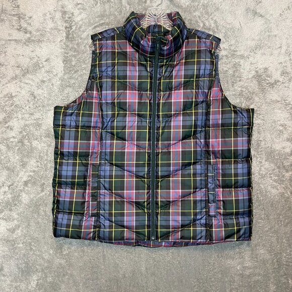 Lands End Women Green Tartan Plaid Down Full Zip Quilted Puffer Vest 1X - Picture 1 of 9